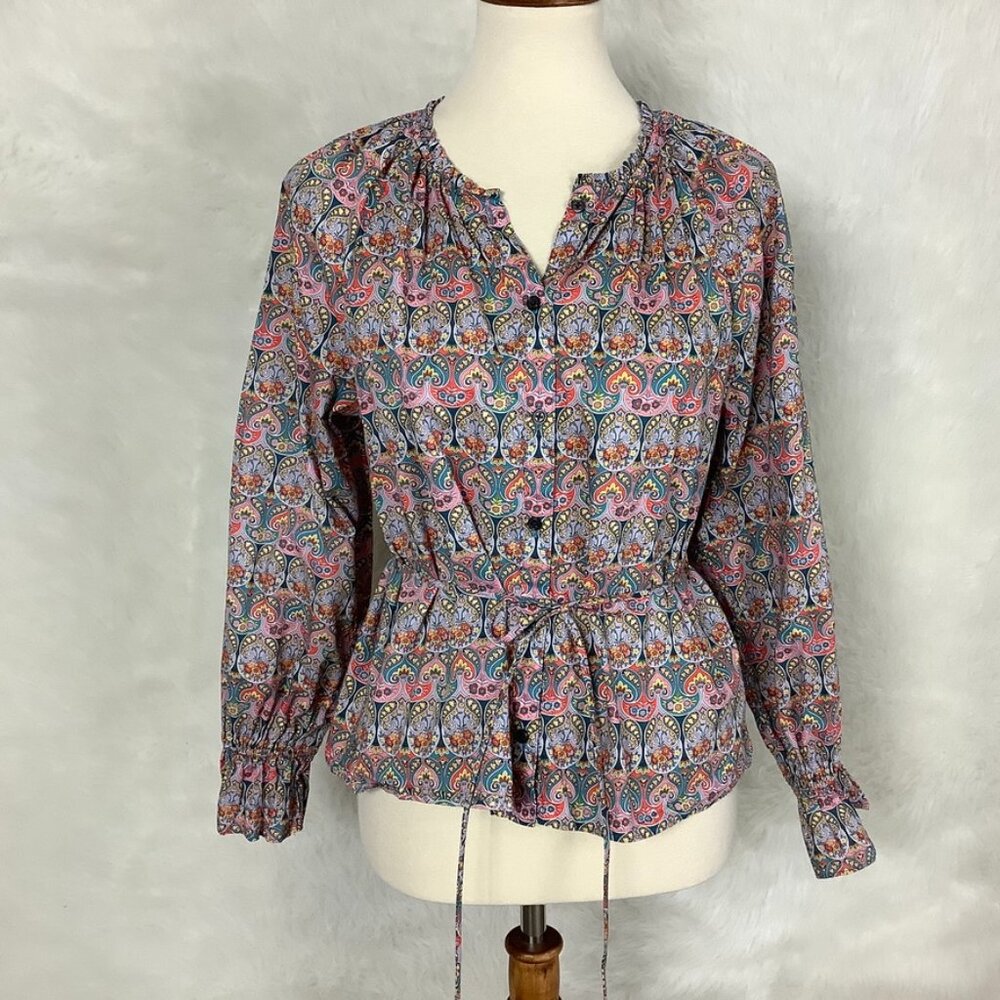 J. Crew Pink & Blue Floral Tie Waist Cotton Blouse Liberty Giorgia Duke Fabric S
